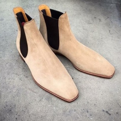 Handmade men beige suede leather chelsea boot - Thumbnail 3