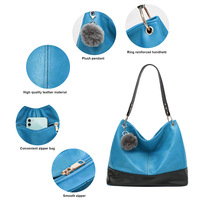 Women Hobo Bags Top Handle Satchel Shoulder Purse Bucket Handbag Blue - Thumbnail 3