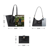 Women Fashion Handbags Wallet Tote Bag Shoulder Bag 3pcs Black - Thumbnail 1