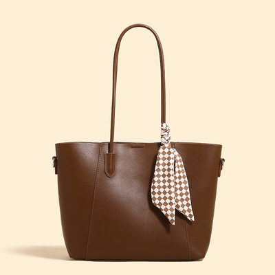 Women tote bags medium top handle handbags with scarf brown - Thumbnail 2