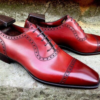 Handmade men red oxford dress shoes - Thumbnail 1