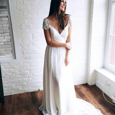 Simple a line lace beach boho wedding dress bridal gown wedding gown