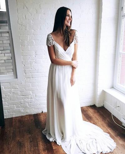 Simple A Line Lace Beach Boho Wedding Dress Bridal Gown Wedding Gown