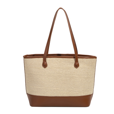 Ladies' fashion beach straw woven bag simple shoulder bag brown - Thumbnail 3