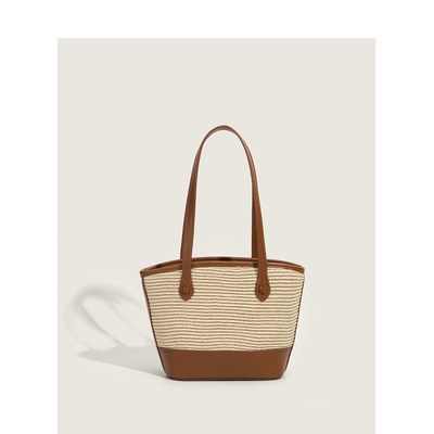 Fashion beach straw woven bag simple shoulder bag brown - Thumbnail 3