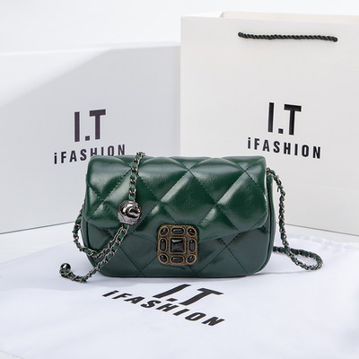 Women leather quilted shoulder bag with chain strap trendy clutch satchel ladies evening bag green - Thumbnail 2