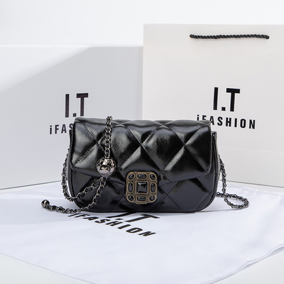 Women leather quilted shoulder bag with chain strap trendy clutch satchel ladies evening bag black - Thumbnail 3