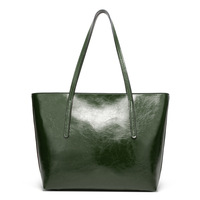 Ladies' Large Capacity Oil Wax Leather Shoulder Bag Tote Bag Green - Thumbnail 1