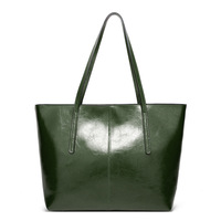 Ladies' Large Capacity Oil Wax Leather Shoulder Bag Tote Bag Green - Thumbnail 2