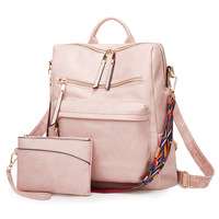 Women's Soft Leather Large Capacity Backpack Pink - Thumbnail 1