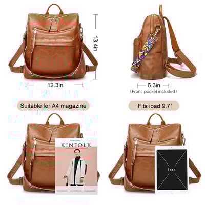 Women's soft leather large capacity backpack brown