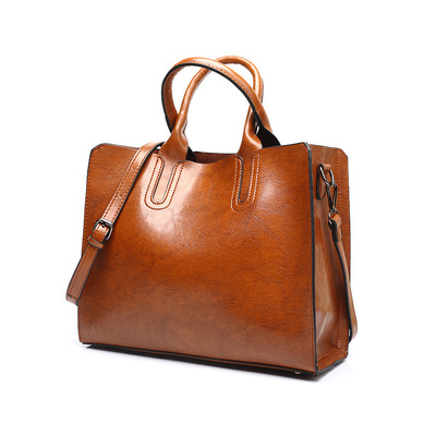 Classic fashion tote bag leather women solid shoulder shopping carry handbag brown - Thumbnail 1