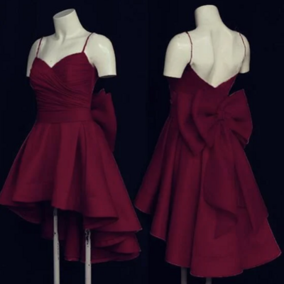 Cute high low short burgundy prom dress with bow,1082