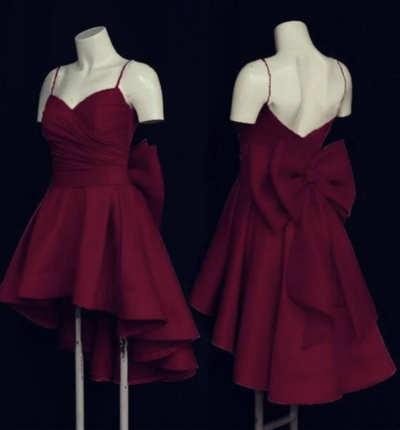 Cute High Low Short Burgundy Prom Dress with Bow,1082