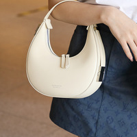 Genuine Leather Crescent Bag Moon Bag Shoulder Women's Bag White - Thumbnail 1