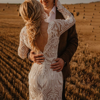 Long Sleeves Lace Country Wedding Dress Backless Vintage Beach Barn Ranch Plus Size Custom Made Mermaid Rustic Bride Gown,1083 - Thumbnail 2