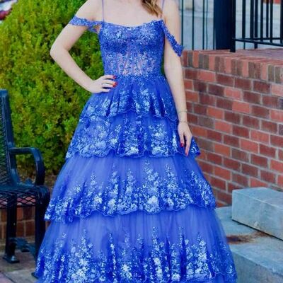 Sequin lace royal blue prom dresses long spaghetti straps puffy a line elegant prom formal evening dress,1084