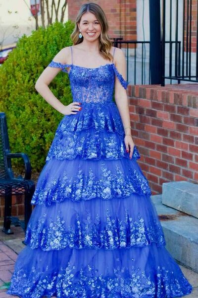 Sequin Lace Royal Blue Prom Dresses Long Spaghetti Straps Puffy A Line Elegant Prom Formal Evening Dress,1084