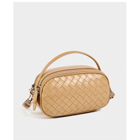 Genuine Leather Knitted Double Zipper Shoulder Crossbody Bag Yellow - Thumbnail 1