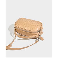 Genuine Leather Knitted Double Zipper Shoulder Crossbody Bag Yellow - Thumbnail 4