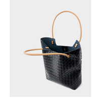 Women's Woven Bag Large Capacity Cowhide Handbag Black - Thumbnail 4