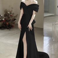 Black A-Line Off the Shoulder Long Prom Party Dress with Slit - Thumbnail 2