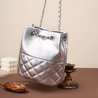 Genuine Leather Chain Bucket Bag Silver - Thumbnail 1