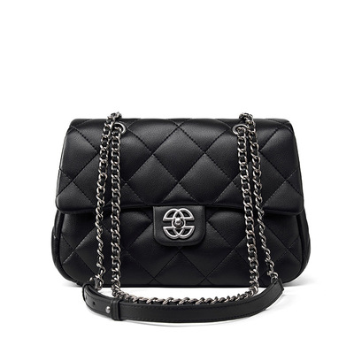 Genuine leather crossbody bag diamond grid chain women's bag black - Thumbnail 3