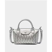 Genuine Leather Satchel Tote Bag Top Handle Handbag Silver - Thumbnail 1