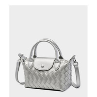 Genuine Leather Satchel Tote Bag Top Handle Handbag Silver - Thumbnail 2