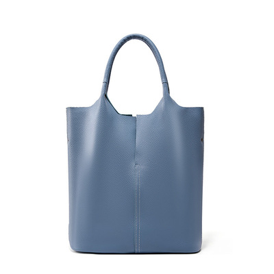 Ladies' large capacity genuine soft leather tote bag blue - Thumbnail 1