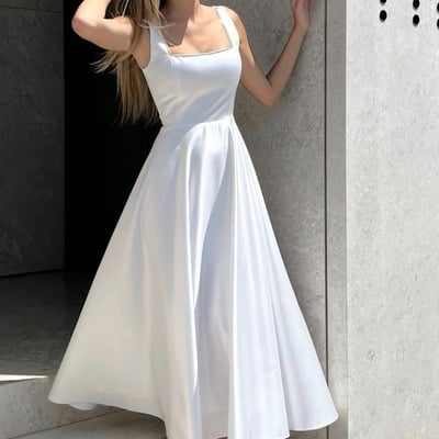 Square neck a-line informal wedding gown tea length,1806