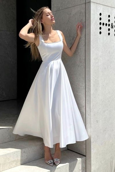 Square Neck A-line Informal Wedding Gown Tea Length,1806