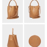 Genuine Leather Handbag Woven Crossbody Bag Brown - Thumbnail 2