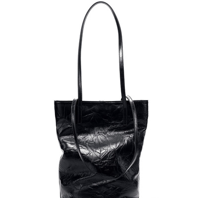 Women cowhide bucket bag large capacity retro shoulder bag black - Thumbnail 2