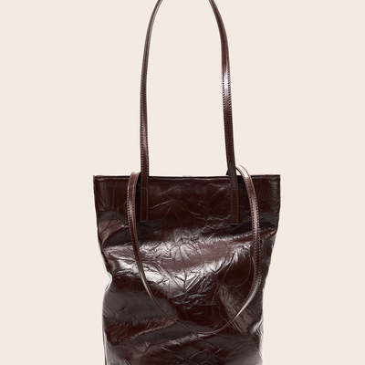 Women cowhide bucket bag large capacity retro shoulder bag brown - Thumbnail 2