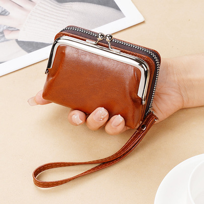 Genuine leather women's short wallet bag with multiple card slots brown - Thumbnail 5