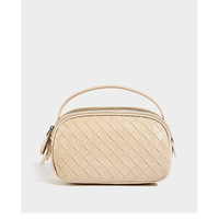 Genuine Leather Knitted Double Zipper Shoulder Crossbody Bag White - Thumbnail 1