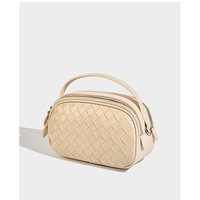 Genuine Leather Knitted Double Zipper Shoulder Crossbody Bag White - Thumbnail 2