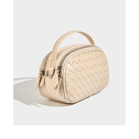 Genuine Leather Knitted Double Zipper Shoulder Crossbody Bag White - Thumbnail 3