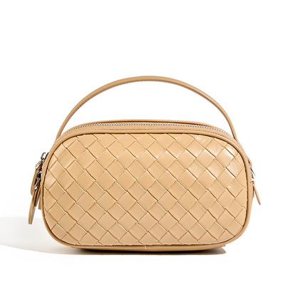 Genuine leather knitted double zipper shoulder crossbody bag yellow - Thumbnail 1