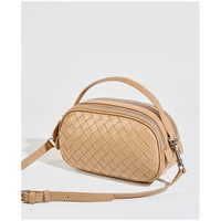 Genuine Leather Knitted Double Zipper Shoulder Crossbody Bag Yellow - Thumbnail 2