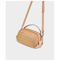 Genuine Leather Knitted Double Zipper Shoulder Crossbody Bag Yellow - Thumbnail 3