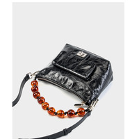 Genuine Leather Vintage Oil Wax Leather Pleated Handbag Black - Thumbnail 3