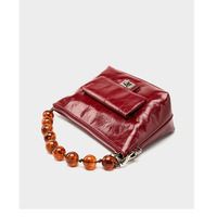 Genuine Leather Vintage Oil Wax Leather Pleated Handbag Red - Thumbnail 3