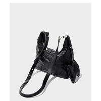 Women Wrinkled Cowhide Dumpling Bag Hand-held Diagonal Cross Bag Black - Thumbnail 3