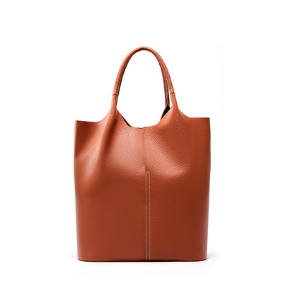 Ladies' large capacity genuine soft leather tote bag orange