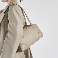 Genuine Leather Handbag Large Capacity Bowling Bag Cream - Thumbnail 1