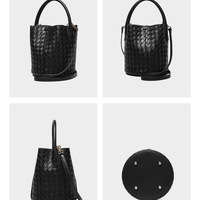 Genuine Leather Handbag Woven Crossbody Bag Black - Thumbnail 2