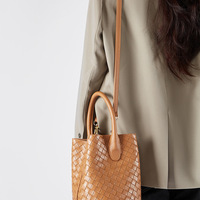 Genuine Leather Handbag Woven Crossbody Bag Brown - Thumbnail 1